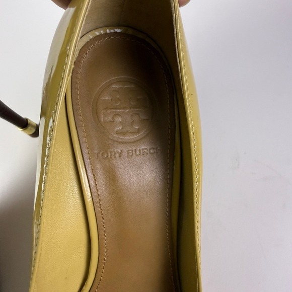 Tory Burch Womens Pumps Heels Yellow Peep Toe Patent Leather Stiletto Shoes 7M - Picture 3 of 14